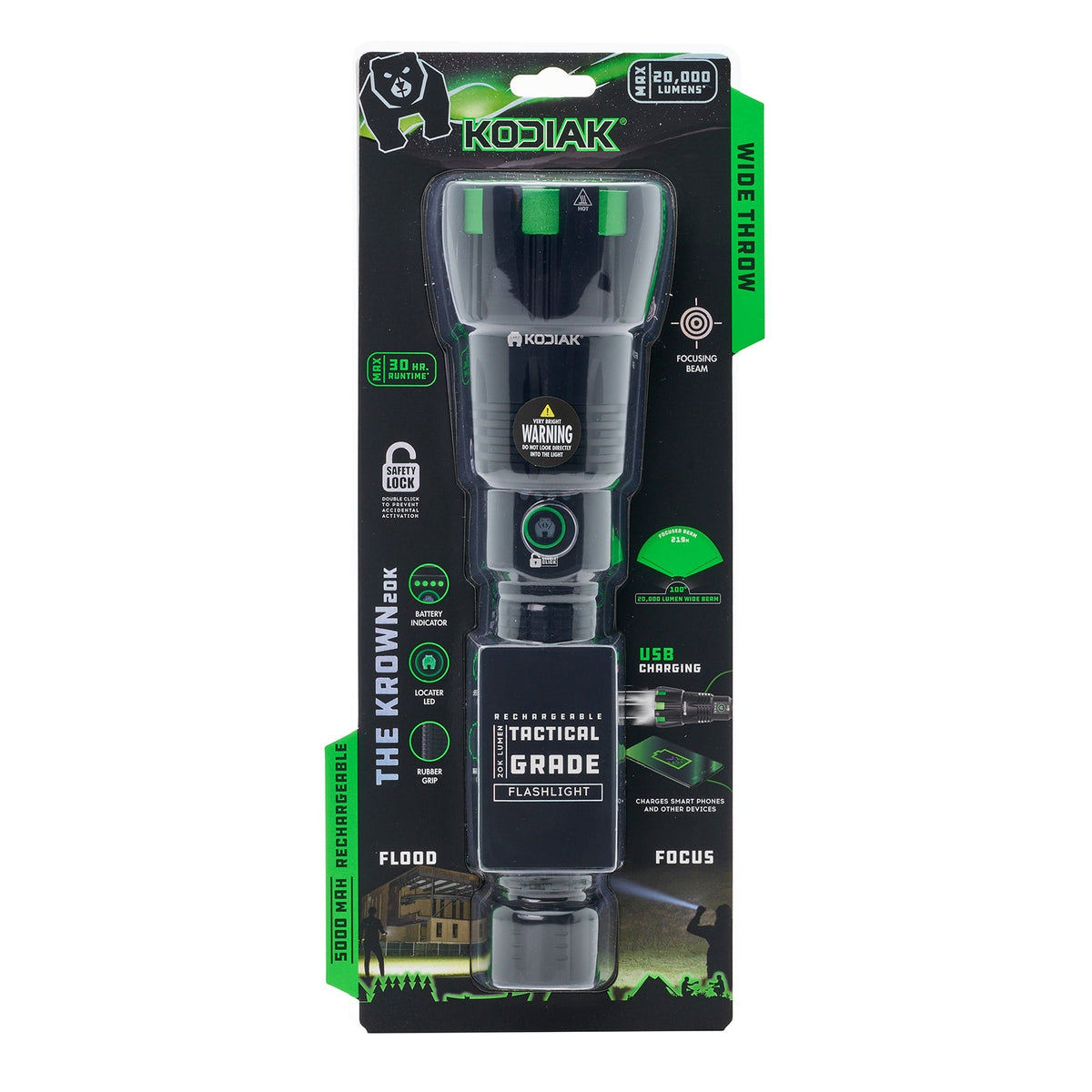 Kodiak® Krown Rechargeable 20000 Lumen Tactical Flashlight with Power Bank