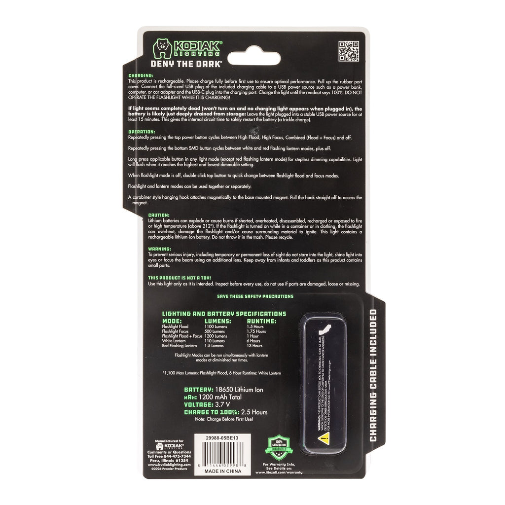 Kodiak® Kavern 1100 Lumen Smart Focus Rechargeable Flashlight - Lantern