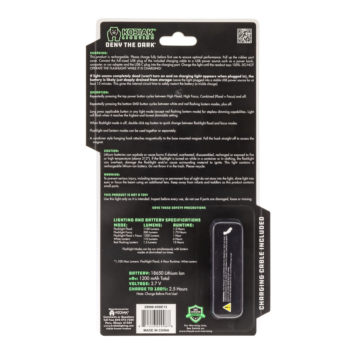 Kodiak® Kavern 1100 Lumen Smart Focus Rechargeable Flashlight - Lantern